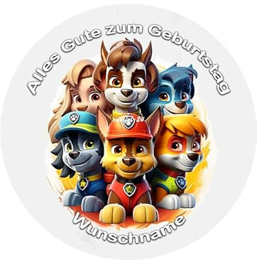 Tortenbild-Wunschname, Hund, Dog, Zuckerbild, Essbares Foto für Torten, Tortenbild, angelehnt an Paw Patrol, Tortenaufleger Ø 20cm - Super Qualität, 04605