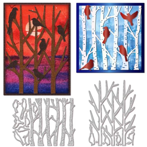GLOBLELAND Stanzformen Mit Baumzweigen Und Blättern Zum Gestalten von Karten Metallstanzungen Vogelsilhouette Stanzformen Vorlagen Für Scrapbooking Journale Prägungen Papierbasteln Dekor
