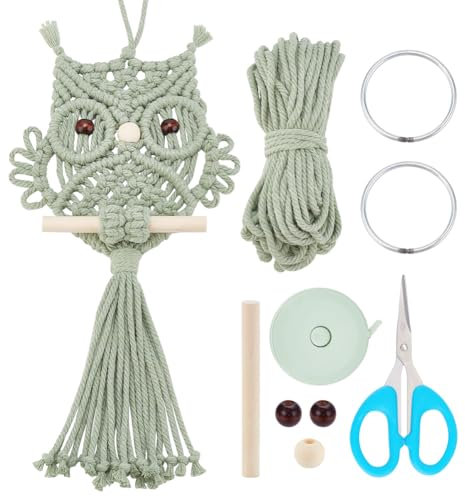 ORIGACH DIY Makramee Wandbehang Set für Anfänger, Erbsengrün Makramee Eulen Kit Mit Anleitung Makramee Knüpf-Set Zum Basteln und Knüpfen Set Boho Wandbehang Dekoration für Wohnzimmer Schlafzimmer