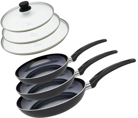 Elo 9808050 Pfannen-Set, 3-teilig, Aluminium und 3 Glaskochdeckel, Pfanne für alle Herdarten außer Induktion, Bratpfanne, PFAS-frei, Aluminium, Edelstahl, Glas, Kunststoff, 32 x 5 cm