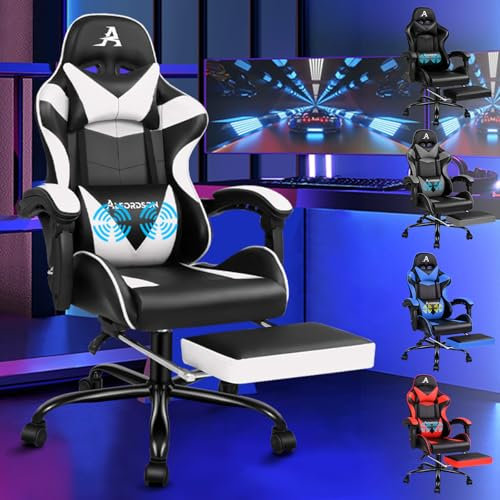 ALFORDSON Videospielstuhl, ergonomischer Bürostuhl, Massage-Rennstuhl, einziehbare Fußstütze, PU-Leder, höhenverstellbar und neigbar, 180 kg Tragkraft, Weiß