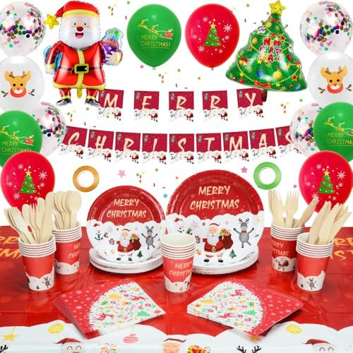 Vaisselle de Fête de Noël - Lot de 16 Assiettes à Dîner, Merry Christmas Deco Table Set avec Tree, Santa, Elk, Banner, Nappe, Feuille Confetti, Ballons pour Party Décoration
