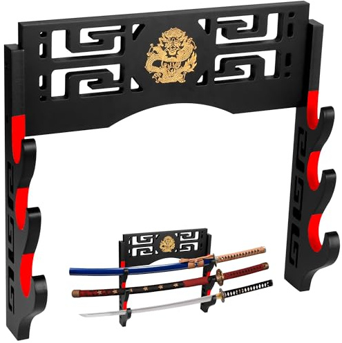 Alyoen Espositore per spade a 3 livelli, supporto da parete per spada samurai, katana, con gancio imbottito in velluto e motivo drago, per spada laser Wakizashi e samurai