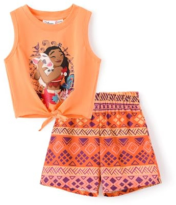 Disney Prinzessin Kleinkind Mädchen 2-teiliges Outfit ärmellos Krawatte Knoten Tank Top Elastisch Mädchen Sommer Kurze Kleidung Sets, Moana-Orange, 5-6 Years