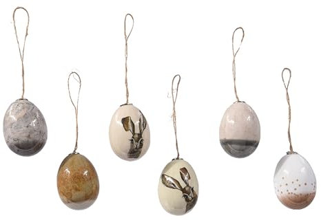 Ostereier zum Aufhängen 4x6cm Kunststoff 6er Set - mit Aufhänger - Deko Eier für Ostern Frühling - Kunststoffeier Osterdeko Hängedeko Frühlingsdeko bruchfest - Weiß Braun Grau