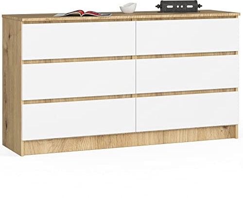 AKORD Kommode K-140 mit 6 (2 x 3) Schubladen | für das Wohnzimmer Schlafzimmer Schrank Büro Arbeitszimmer | Modernes Funktionales Design | B138 x H77 x T40 cm, Gewicht 51kg | Artisan & Weißeiche Front