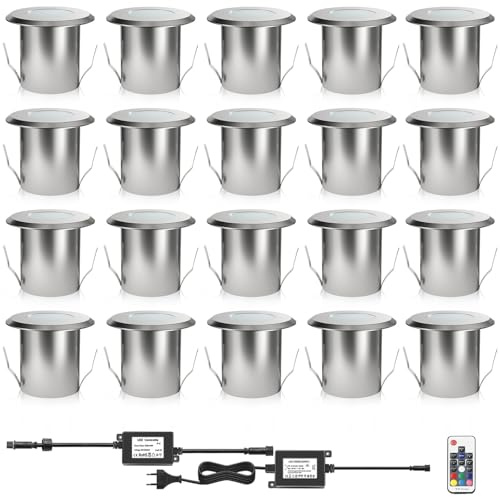 DarisingSun Terrassen Einbaustrahler - 20er Set Boden Einbauleuchten Außen RGB LED Treppen Beleuchtung Ø39mm Bodeneinbaustrahler IP67 Wasserdicht Farbwechsel Boden Lampe für Küche Garten Gehweg