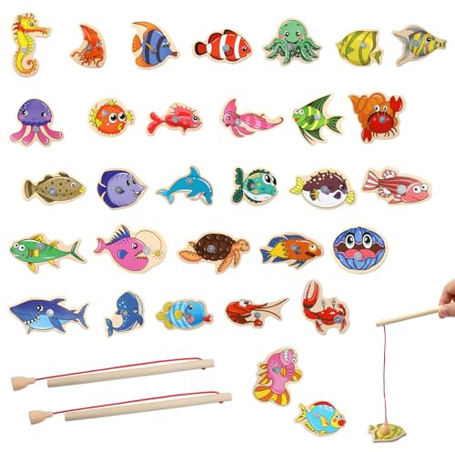 APOMOONS Angelspiel Holz 31 Fische & 2 Angelruten Magnetic Spiel Magnet Fischen,Angelspiel ab 2 Jahre & 3 Jahre Magnete Kinder Fisch Spielzeug,Fische Angeln Spiel Lustige Geschenke für Kinder