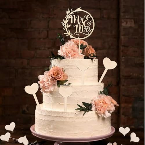 35 Stück Holz Cake Topper Hochzeit - Mr und Mrs Deko, Tortendeko & Tortenstecker für Hochzeitstorte - Persönliche Hochzeitstorte Topper mit Herz-Deko für Verlobung, Jubiläum und Antrag