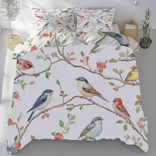 Kntnshac Aquarell Vogelmotiv Bettwäsche 135x200, Ceerblau Microfaser Bettwäsche-Set, Wendebettwäsche mit Reißverschluss，Enthält 1 Bettbezug und 2 Kissenbezug 80x80 cm