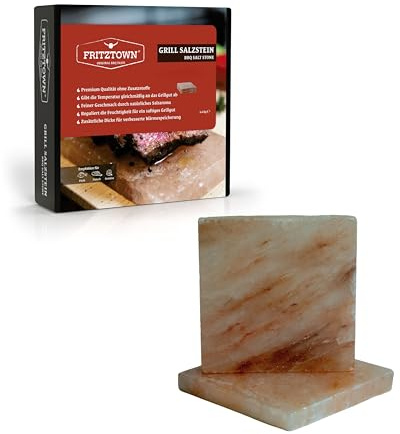 FRITZTOWN® Deluxe Grill Salzstein - 2er Set 20x20x2,5 cm - Feiner Geschmack durch Kristallsalz - Exklusive Geschenkbox inkl. Gebrauchsanweisung