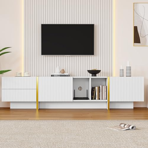 FammyLoft 190cm TV Stand Cabinet for 85 Inch TVs, Modern White & Gold Entertainment Unit with Adjustable Shelves, Storage Cabinets & Embossed Design, Media Console for Living Room, Bedroom, White
