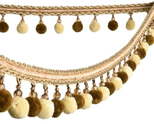 Blausky 5m Boho Bommelborte Quastenborte,Fransenband Meterware,Zierband mit Pompoms und Perlen,Bordüre zum Nähen Spitzenborte für Gardinen Vorhänge DIY Nähen Basteln Heimdekoration,Beige Kaffee