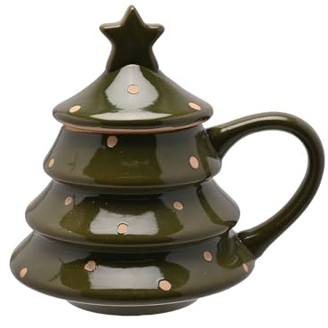 Widdop Ceramic Christmas Tree Mug with Lid & Star Top – Dark Green Festive Cup for Hot Chocolate, Coffee & Tea – Seasonal Drinkware & Gift Idea | Festive Cup for Hot Chocolate, Coffee & Tea – Seasonal Drinkware & Gift Idea