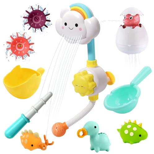 Badespielzeug, CUTE STONE Wolken-Dusche Badespielzeug Set mit Angelspiel, eine Schildkröte, EIN Dinosaurier-Ei und einen Löffel und ist perfekt für kreatives Wasserspiel bei Kleinkindern.