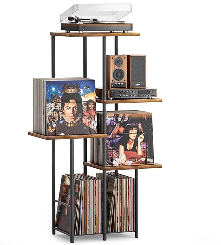 Bikoney Mobile Porta Giradischi Vintage in Legno con Scaffale per Vinili | Legno e Metallo, Stile Mid-Century, Consolle Alta per Vinili e LP, Supporto Salvaspazio per Soggiorno