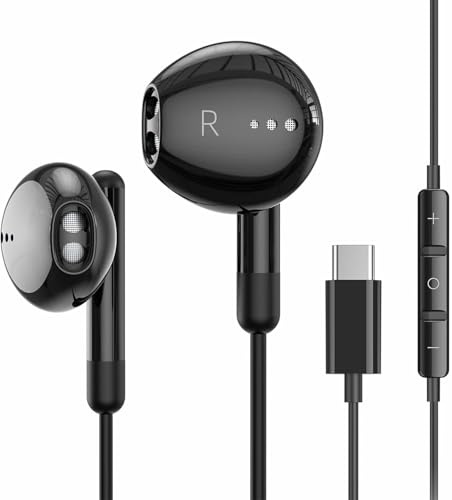 Black USB C Headphones with Cable for iPhone 17/16/15 Pro Max/Plus iPad Pro, In-Ear Headphones with Type C Cable, Microphone, Volume Control for Samsung S23/S22/S21/S20/A53/A54 Google Pixel 8/7/6A/5/4