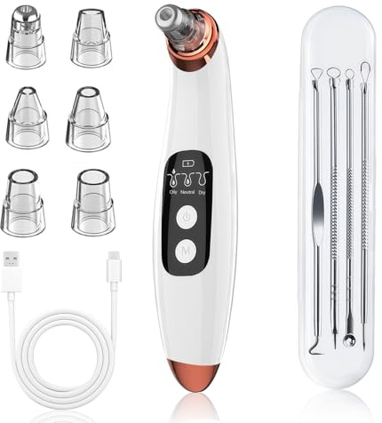 JICICUXI Mitesserentferner Porenreiniger Porensauger Gesicht Elektrisch mit 3 Saugstufen 6 Köpfen, LCD Display, Vakuumsauger zur Gesichtsreinigung, Schonend, USB Wiederaufladbar-Perlweiß
