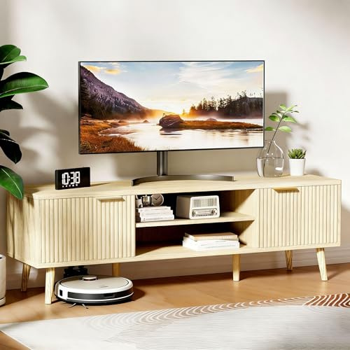 JMGJOY 140cm/55in TV Units TV Stand Cabinet for TV up to 60 Wooden TV Console Table 2 Open Storage Cubes 2 Doors Sideboard for Living Room Bedroom Entertainment Room Furniture, Wood Color