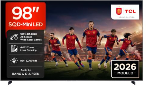 TCL 98C8L – Smart TV SQD‑Mini LED 4K HDR10+ da 98, 6.000nit | 4,032 Dimming Zones, Dolby Vision IQ & Atmos, 144Hz, ZeroBorder Design, Audio by Bang & Olufsen
