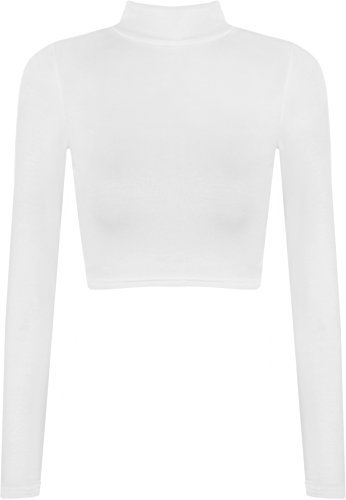 WearAll New Womens Turtle Neck Crop Ladies Long Sleeve Plain Polo Short Stretch Top White 8/10