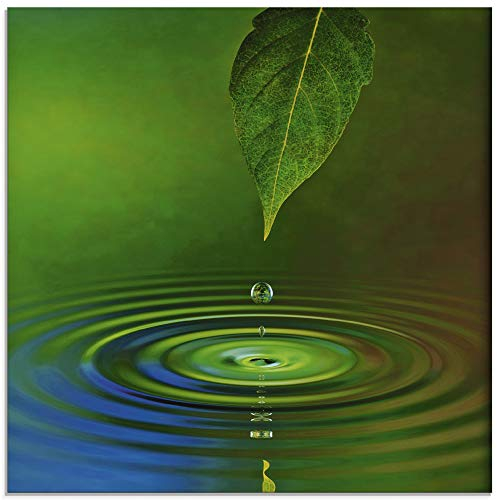 ARTland Wanddeko Glasbilder Wandbild Glas Bild einteilig Quadratisch Natur Wellness Zen Entspannung Wasser Wassertropfen Blätter Grün T5TK