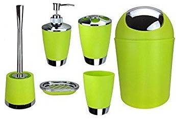6tlg Badset Badezimmer Zubehör Set Organizer: Seifenspender, Zahnputzbecher, Kosmetikeimer, WC Bürste und Halter, Seifenschale, Mülleimer, Zahnbürstenhalter, Badgarnitur (Grün Design 1)