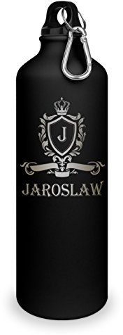 Trinkflasche mit Namen Jaroslaw - graviert mit Wappen Monogramm, Aluminiumflasche mit Gravur, Sportflasche - matt schwarz