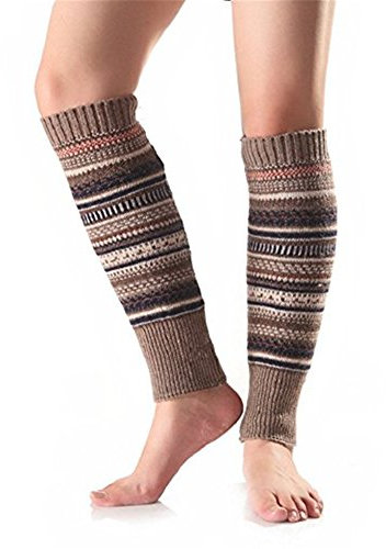 Greenlans Women Striped Ethnic Knitting Wool Footless Leg Warmers Knee High Boot Socks Khaki
