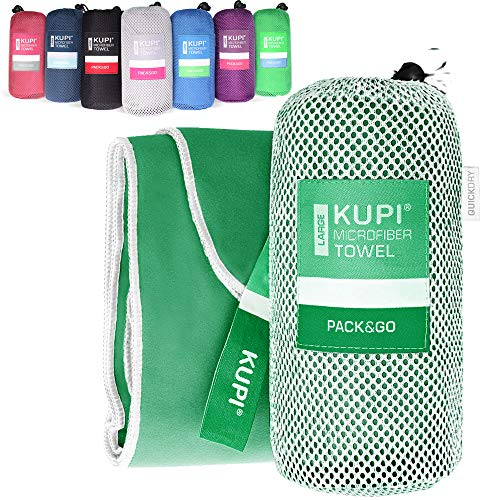 KUPI Mikrofaser Handtücher in S M L XL XXL – Reisehandtuch Leicht Saugfähig und Antibakteriell – Mikrofaser Handtuch Set Sporthandtuch Fitness – Sauna Badetuch Strandtuch (grün, 140x70cm - mit Tasche)