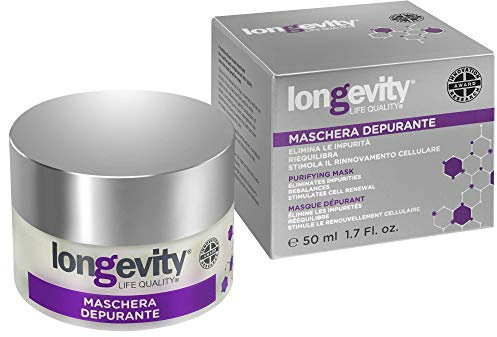 Longevity® Maschera Viso Depurante con Argilla, Estratto di Rosmarino, Limone, Polline e Burro di Karitè - Elimina Impurità - Riequilibra Sebo - Stimola Rinnovamento Cellulare - Nutre la Pelle 50ml