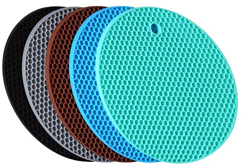 Extra Thick Silicone Potholder Trivet Mats 5 Pack,Heat Resistant Rubber Hot Pads for Dishes or Pans,Non Slip Jar Opener Flexible Round Honeycomb Coasters Multipurpose Kitchen Heatproof Mats