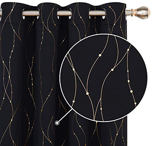 Deconovo Home Decoration Gold Dotted Line Foil Printed Blackout Curtains Energy Saving Thermal Insulated Eyelet Room Darkening Curtains for Bedroom 46 x 54 Inch Black 2 Panels