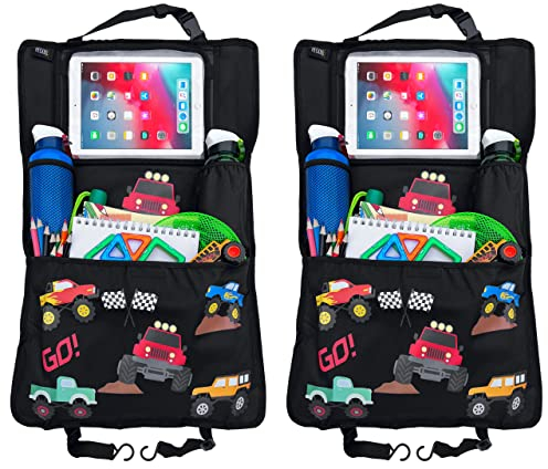 HECKBO 2x Kinder Autositz Rückenlehnenschutz Organizer verstellbarer Tablet Tasche – Monster Truck - 70x45cm + Getränkehalter + Aufbewahrungsnetz