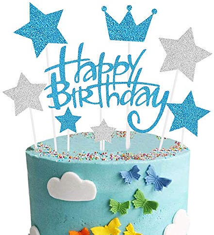 Happy Birthday Tortendeko Geburtstag, Blau Kuchendeko Girlande Cake Torten Kuchen Topper, Silber Sterne Cupcake Tortenstecker für Mädchen Junge Mann Frau Kinder Geburtstags Taufe Party Glitzer Deko