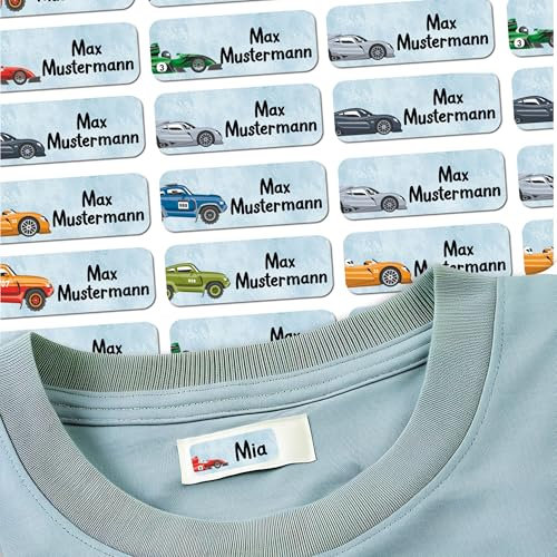 Sunnywall® 37 Selbstklebende Namensschilder & Namensaufkleber für Kleidung & Gegenstände - Waschmaschinenfest | Ideal für Kinder, Schule und Kita (3,8x1,4 cm) Auto