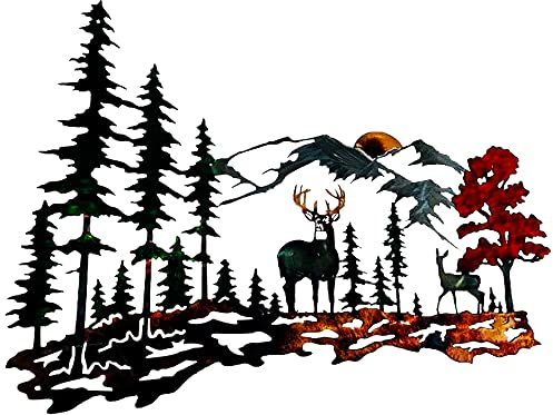 Metall-Wanddekoration, Hirsch, Wandkunst, rustikale Metallhütte, Wanddekoration, Wald, Berg, Wildtiere, Jagd-Dekoration für Zuhause, bunte Metallschilder für Innen- und Außenbereich, 33x33 cm