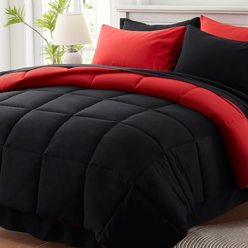 Anluoer Queen Comforter Set 7 Piece, Reversible Bed in a Bag Queen Size, Soft Bedding Set with Comforter(88X88), 2 Pillow Shams, 2 Pillowcases, 1 Flat Sheet, 1 Fitted Sheet, Red & Black