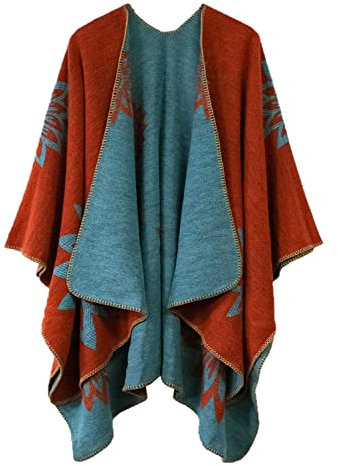 EXCHIC Damen Warm Offene Front Strick Schals und Wraps Floral Elegante Cardigans Poncho Cape Coat Mantel (Orange-04)