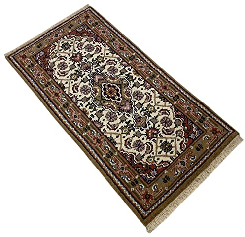 Beige Compatible with Braun Teppich 100% Wolle Handgeknüpft Orientteppich 70X140 cm D11
