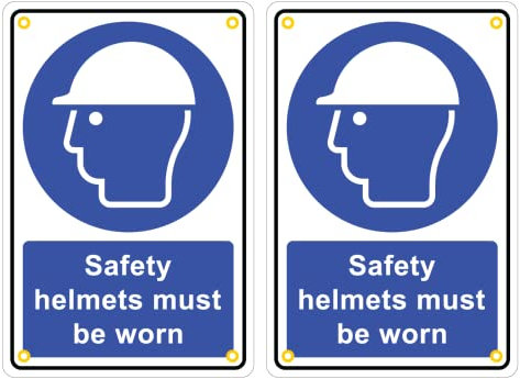 Pack of 2 rigid plastic signs 300mm x 200mm x 3mm with rounded corners and eyelets - Safety helmets must be worn