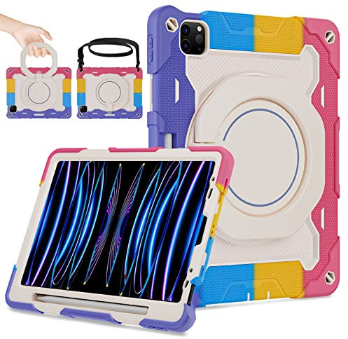 ROISKIN Custodia per iPad Pro da 11 pollici, 4th 3rd 2nd 1st Generation (2022 2021 2020 2018), antiurto iPad Air 5/4, con portapenne e protezione dello schermo e supporto girevole e tracolla, rosa