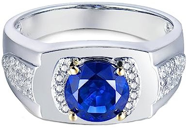 Ring 750 Weißgold, Herren Ring Breit 18 Karat Gold Saphir 1 Karat Runder Saphir mit 0,2 Karat Diamant Komfort Fit Größe 52 (16.6)