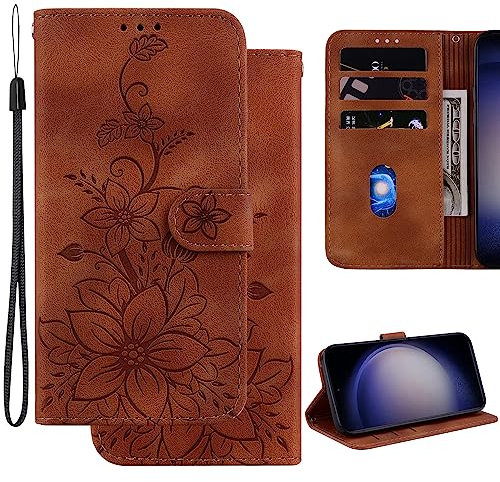 Ammeer Coque pour Xiaomi Redmi Note 7/Note 7S, Relief Fleur Modèle Magnétique Flip Folio Cover Téléphone Housse Étui Wallet Portefeuille Case PU Cuir Supporter - Marron