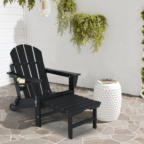 ABCPATIO Adirondack Klappstuhl mit skalierbarer Fußstütze, wetterbeständige Kunststoffstühle mit abnehmbarer Ottomane, stapelbare Sitzgelegenheit mit Becherhalter für Terrasse (Sitzbreite 54,9 cm,