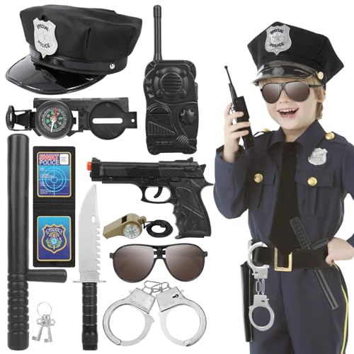 Hifot 9 pièces Deguisement Policier Enfant,Police Casquette Walkie Talkie Lunettes Menottes Accessoire Policier Deguisement Police Jouet pour Enfant Garçon Halloween Carnaval