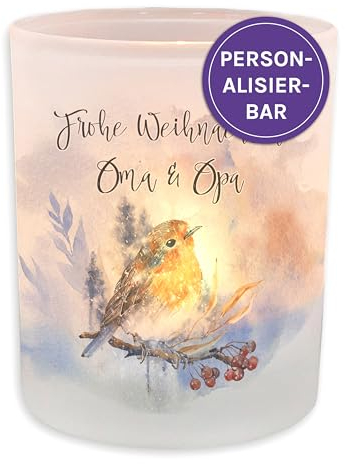 FEENSTAUB Windlicht Glas, Weihnachten Deko Winter, Teelichthalter Glas personalisiert mit Name, Deko Winter Innen, Kerzenglas Deko, Tischdeko Windlicht mit Spruch, Rotkehlchen, Winter Teelicht