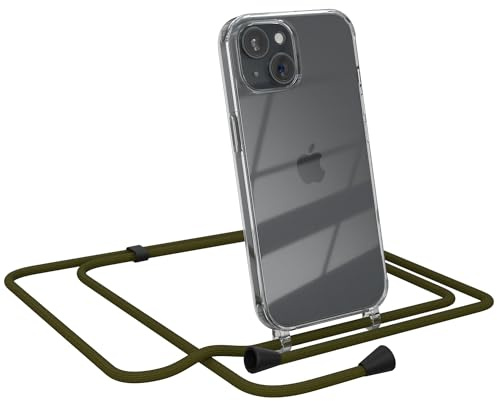 EAZY CASE Handykette kompatibel mit iPhone 15 Handyhülle mit Umhängeband, Handykordel mit Schutzhülle, Silikonhülle, Hülle mit Band, Stylische Kette für Smartphones, Grün - Clips Schwarz