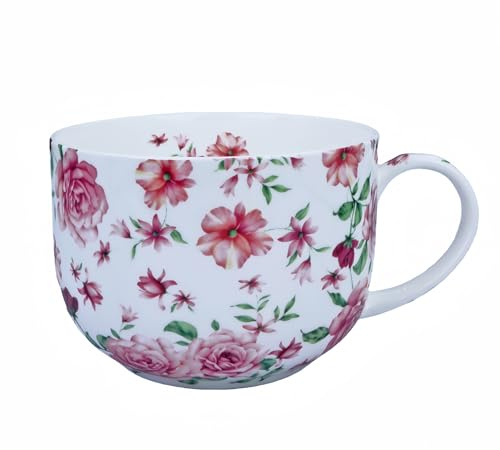 YUESITE Large 25 Ounce Large Coffee Mug Soup Bowls with Handles Oversized Soup Mugs Bone China Soup Mug Cup Soup Bowl for Coffee Cereal Latte (White Rose)