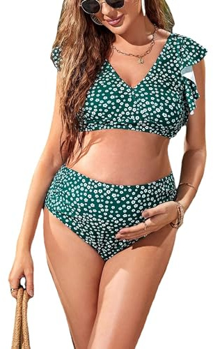 ESORNUG Maillot de bain 2 pièces pour femme - Taille haute - Col en V - Sexy - Maillot de bain - Beachwear, Vert à fleurs, XXL